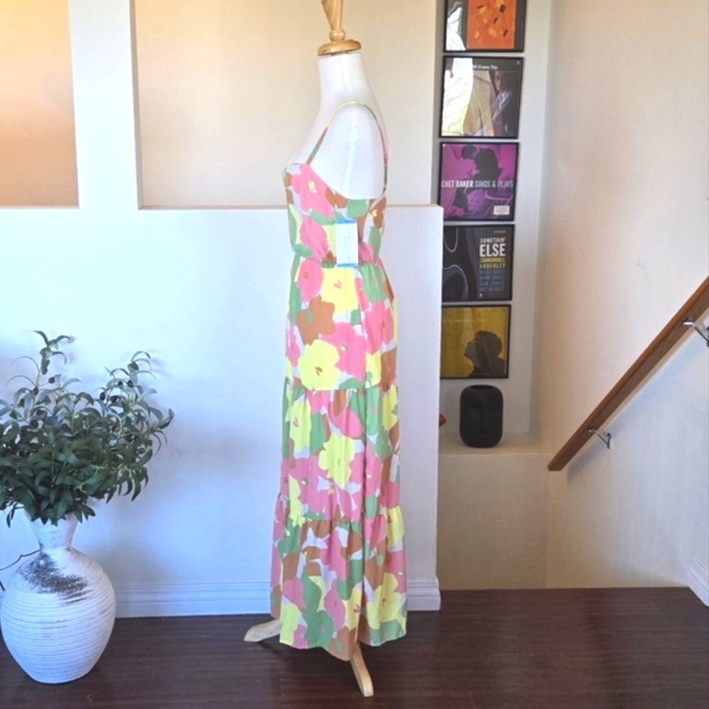 SANCTUARY Getaway Floral Smocked Back Spaghetti Strap Tiered Midi Dress Size L - Picture 8 of 16